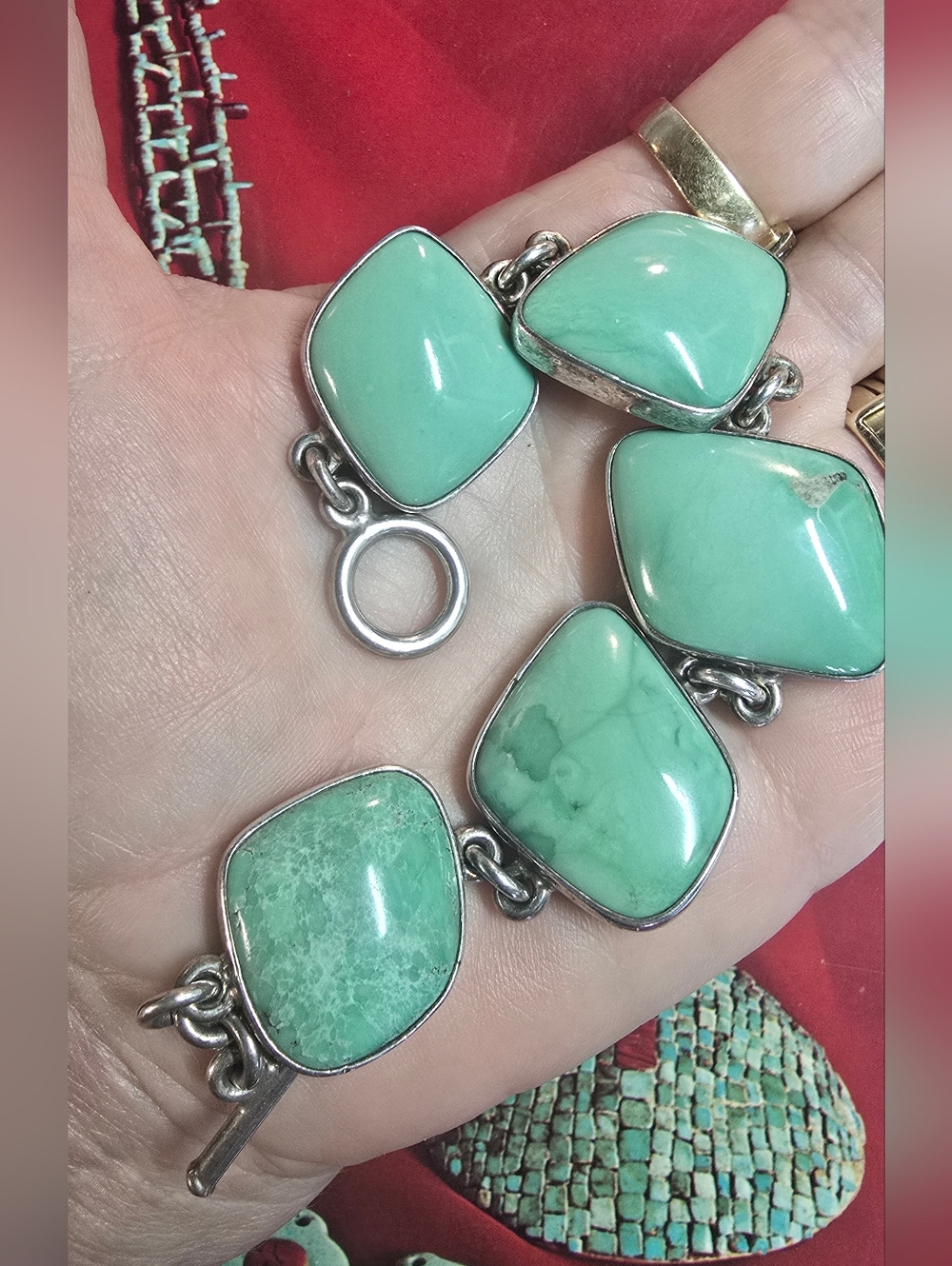 Vintage Soutwest-inspired Sterling Silver And Variscite Cabochan Toggle Bracelet - Picture 7 of 10